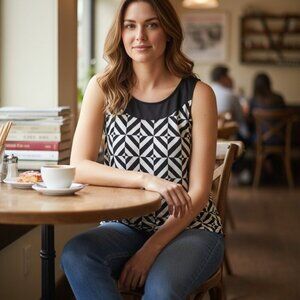 Signature Collection Sleeveless Geometric Black White Top, Size L Large